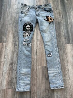 KDNK ‘Patch & Print’ Flared Pants (Blue) Skull Dispatch Mens size 34 L